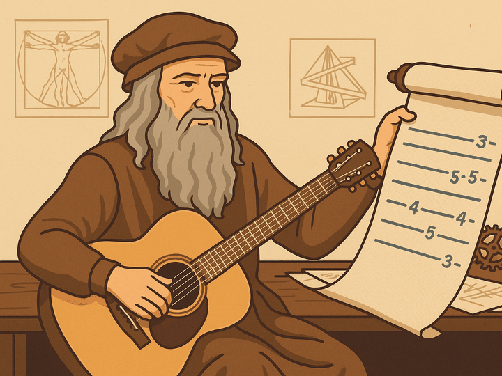 Illustration: Leonardo da Vinci in his workshop, a guitar in one arm, reading a cloth tab scroll he holds open in the other hand