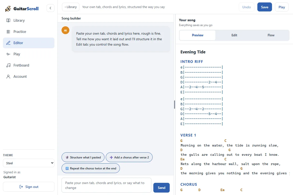 The editor: the source on the left, the laid-out sheet with chords over the words on the right