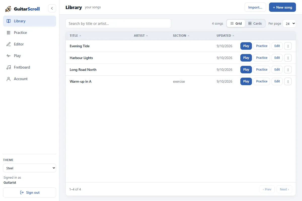 The library with three songs, each with Play, Edit and Export