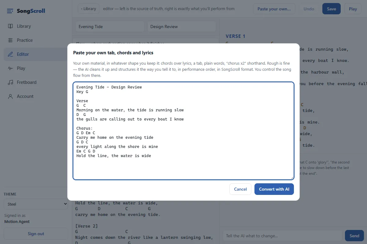 The song builder with your own chords and lyrics pasted in, ready to lay out