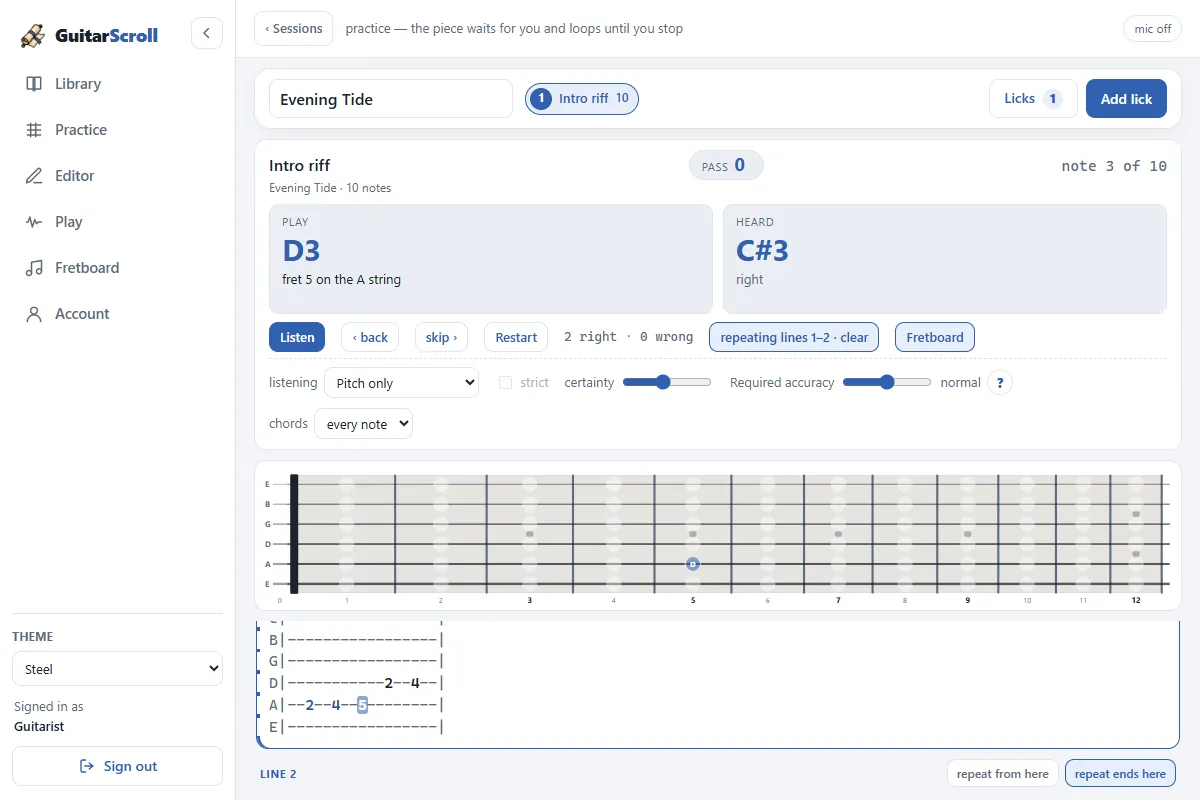 Tab practice: the note to play, the note it heard with the string confirmed, and the cursor on the tab
